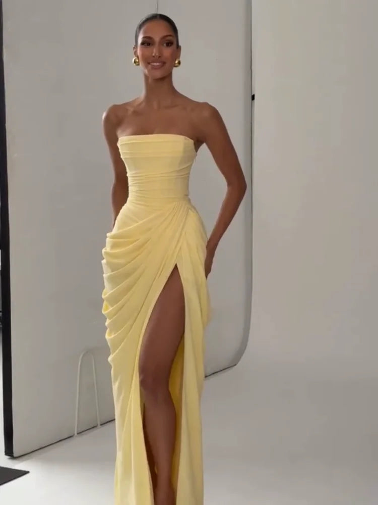 Lotelli - Chic Pleated Strapless Split Evening Dress