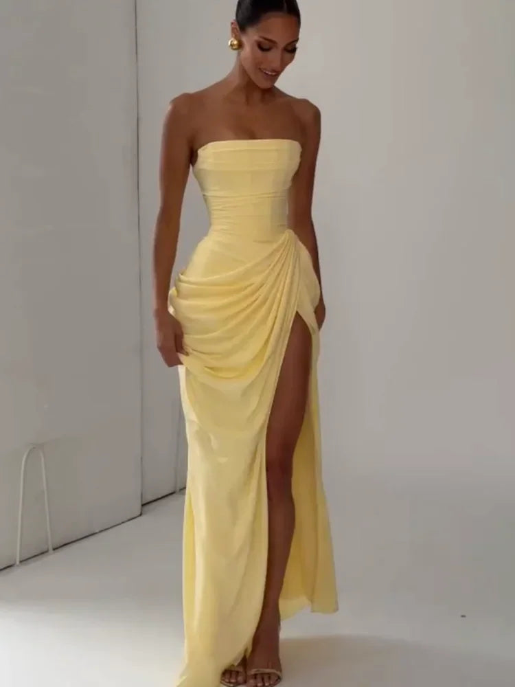 Lotelli - Chic Pleated Strapless Split Evening Dress
