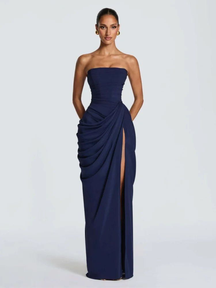 Lotelli - Chic Pleated Strapless Split Evening Dress