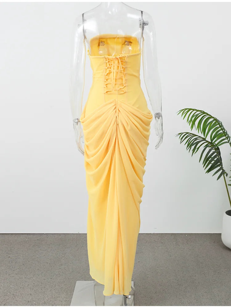Lotelli - Chic Pleated Strapless Split Evening Dress