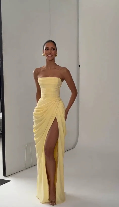 Lotelli - Chic Pleated Strapless Split Evening Dress