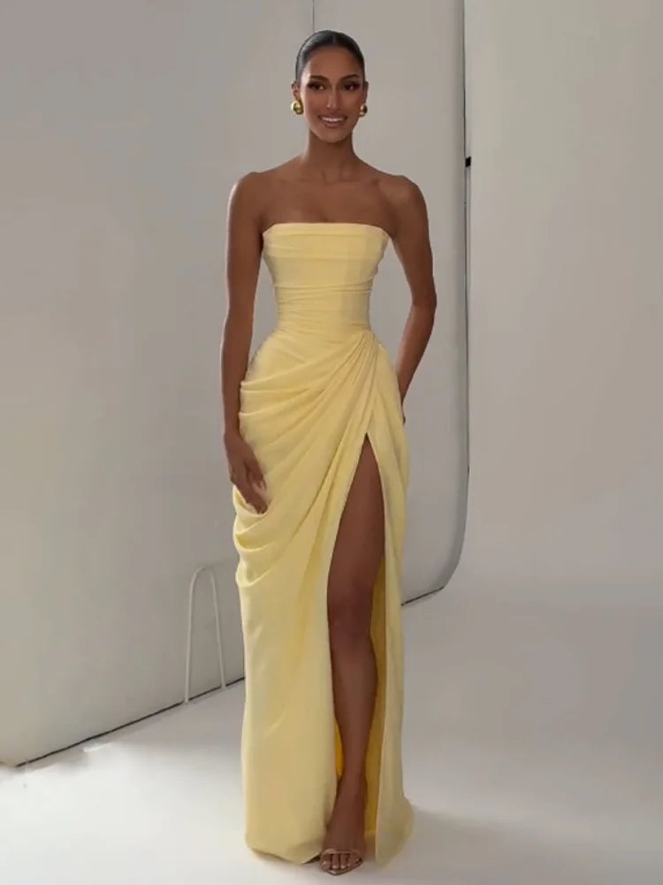 Lotelli - Chic Pleated Strapless Split Evening Dress