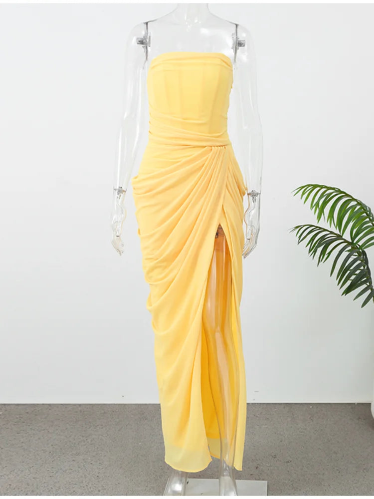Lotelli - Chic Pleated Strapless Split Evening Dress